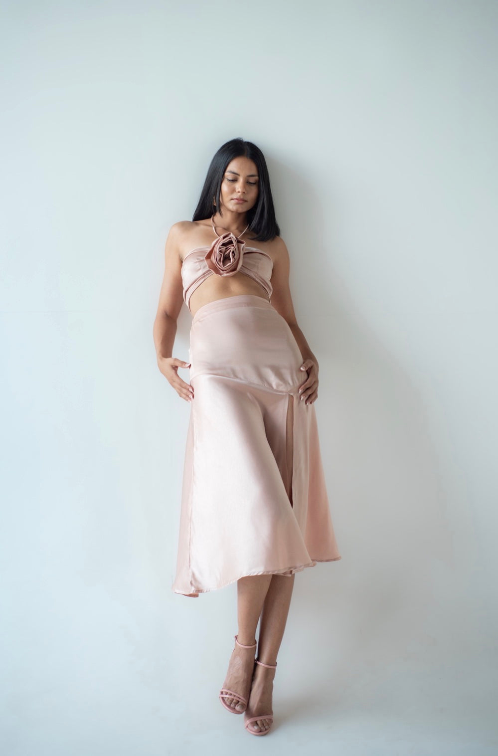 Satin midi skirt with slit