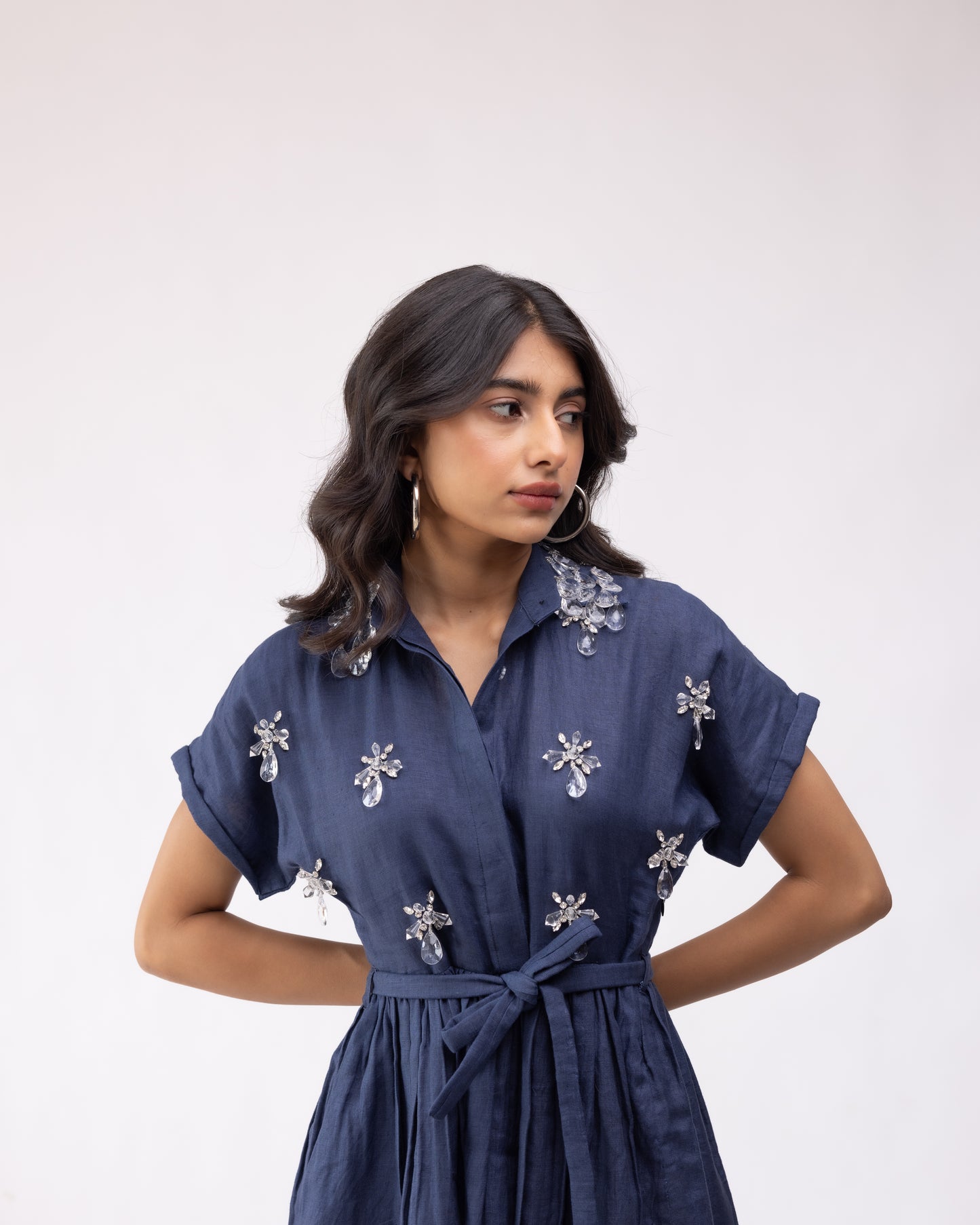 100% linen flared mini dress with embellishments