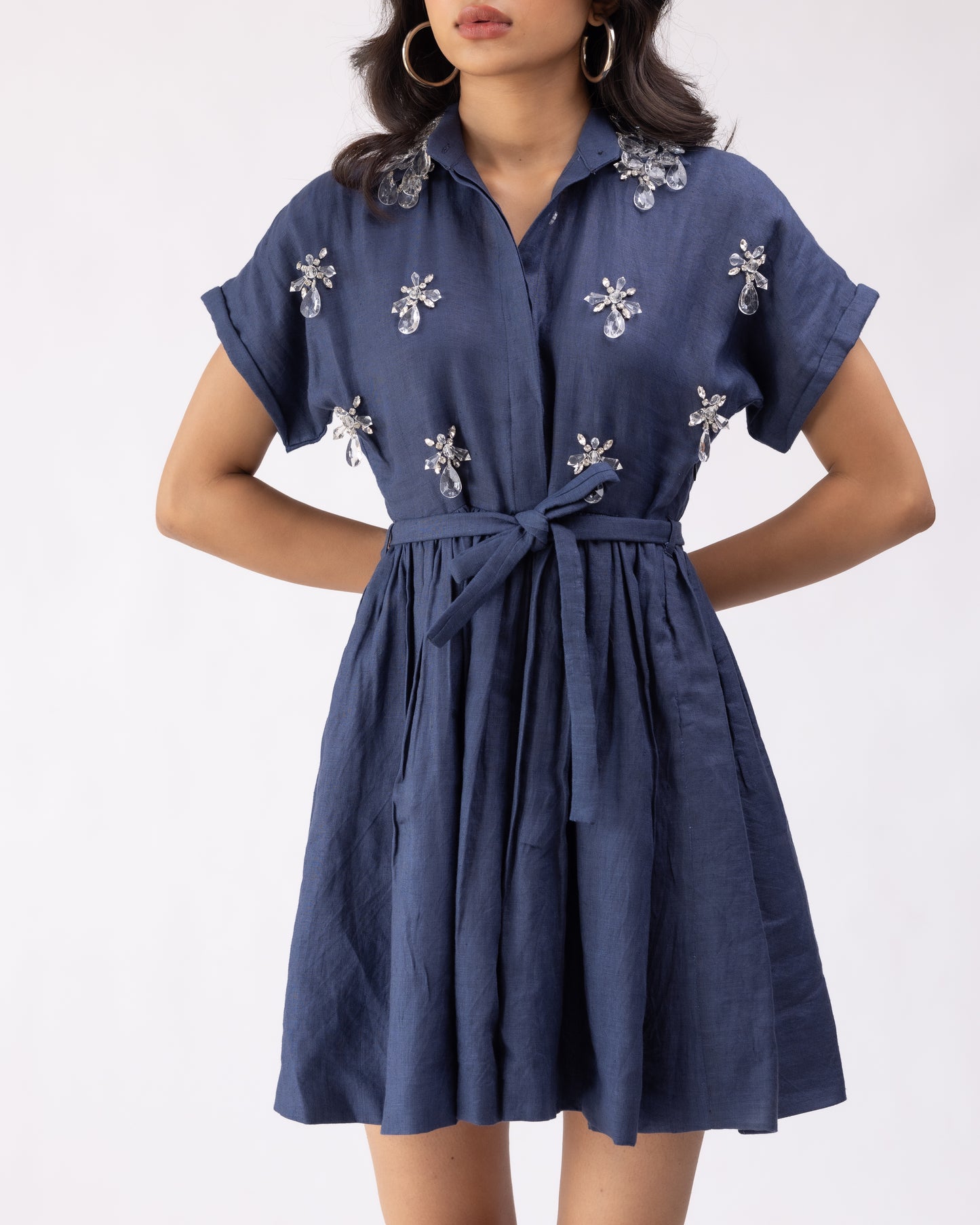 100% linen flared mini dress with embellishments