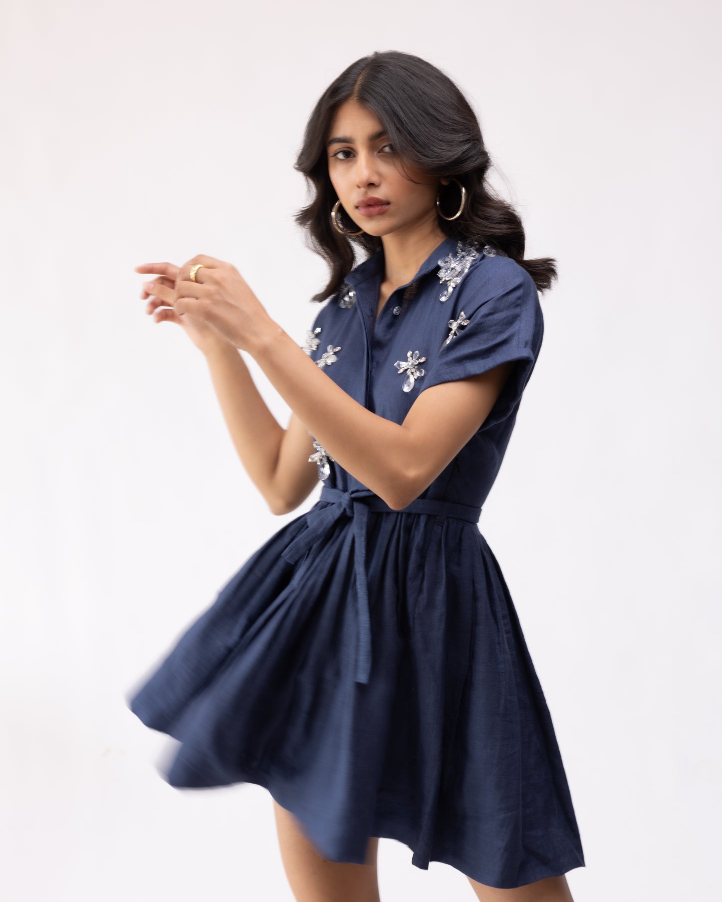 100% linen flared mini dress with embellishments