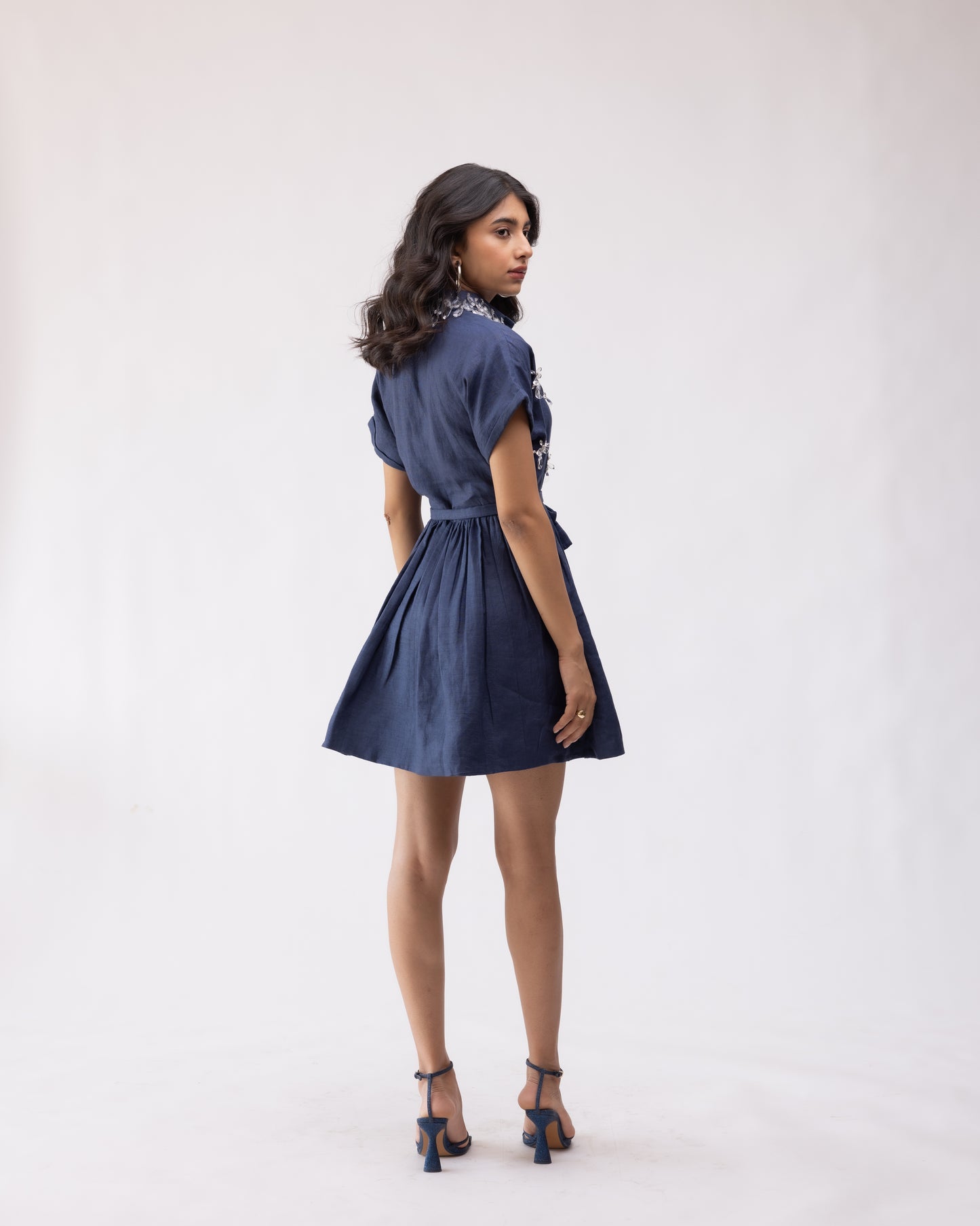 100% linen flared mini dress with embellishments