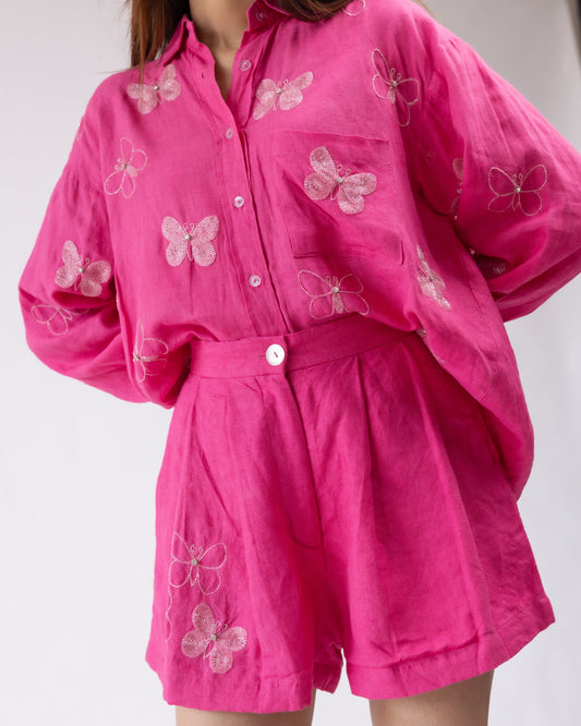 100% linen hand-embroidered pleated shorts