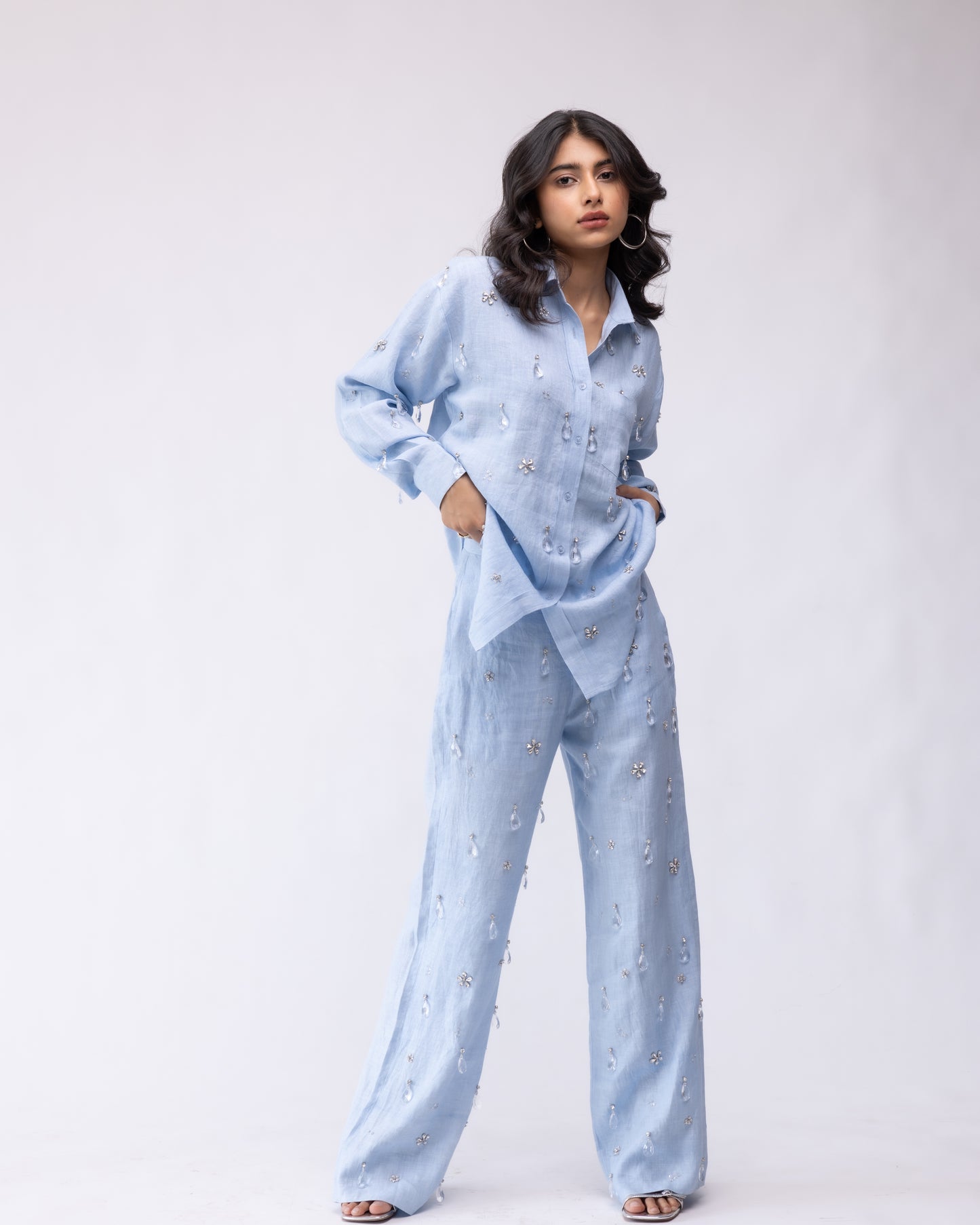 100% linen shirt with crystal drop embellishing
