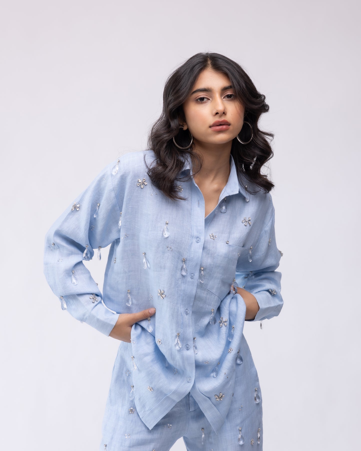 100% linen shirt with crystal drop embellishing