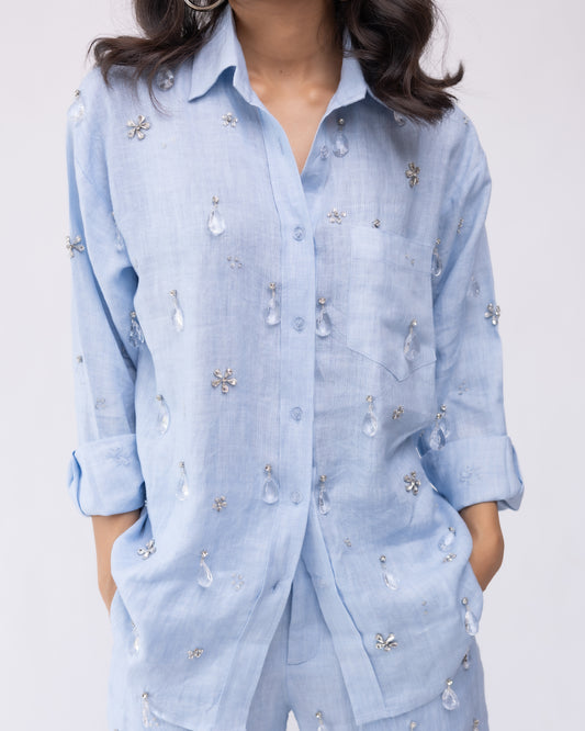 100% linen shirt with crystal drop embellishing