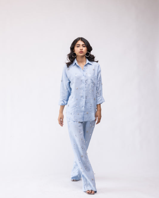 100% linen high-waisted trousers with crystal drop embellishing