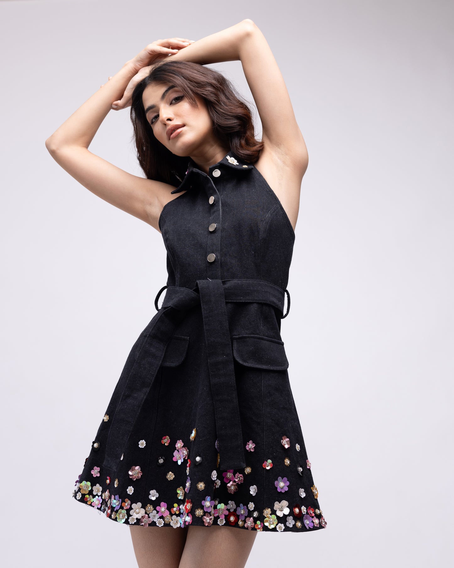 Multi-colour sequinned denim mini dress