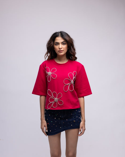 Backless embellished t-shirt with flowers