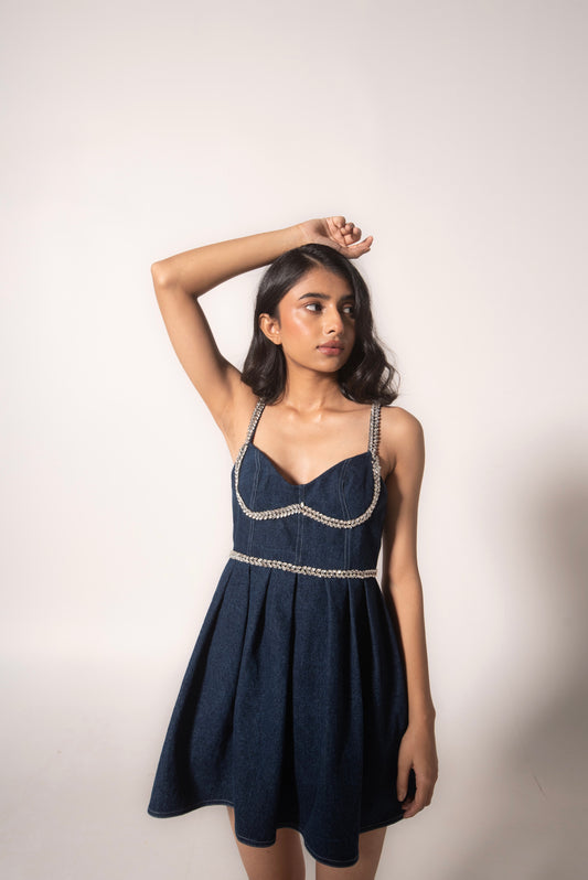 Hand-embellished denim mini dress