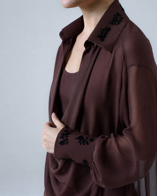 Silk chiffon embellished asymmetric shirt