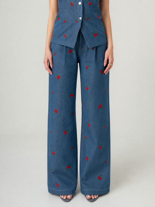 Cherry embroidered wide-leg trousers