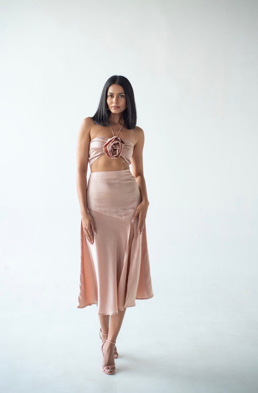 Satin midi skirt with slit