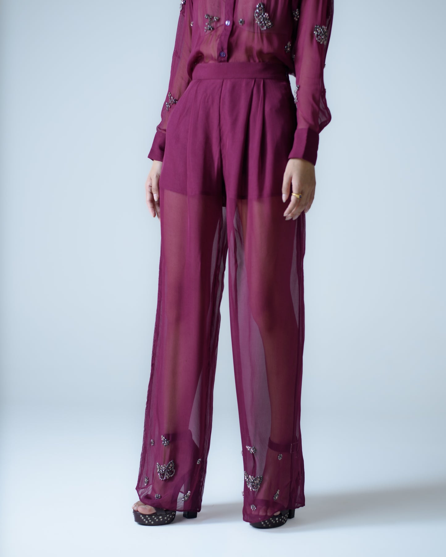 Hand-embellished high-waisted organza trousers