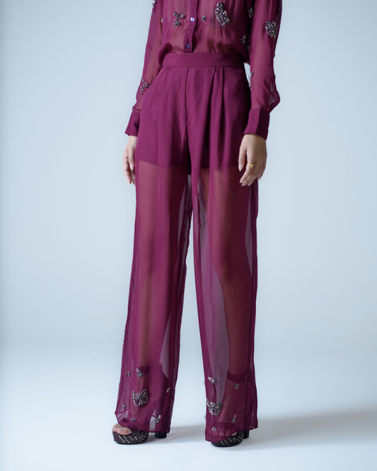 Hand-embellished high-waisted organza trousers