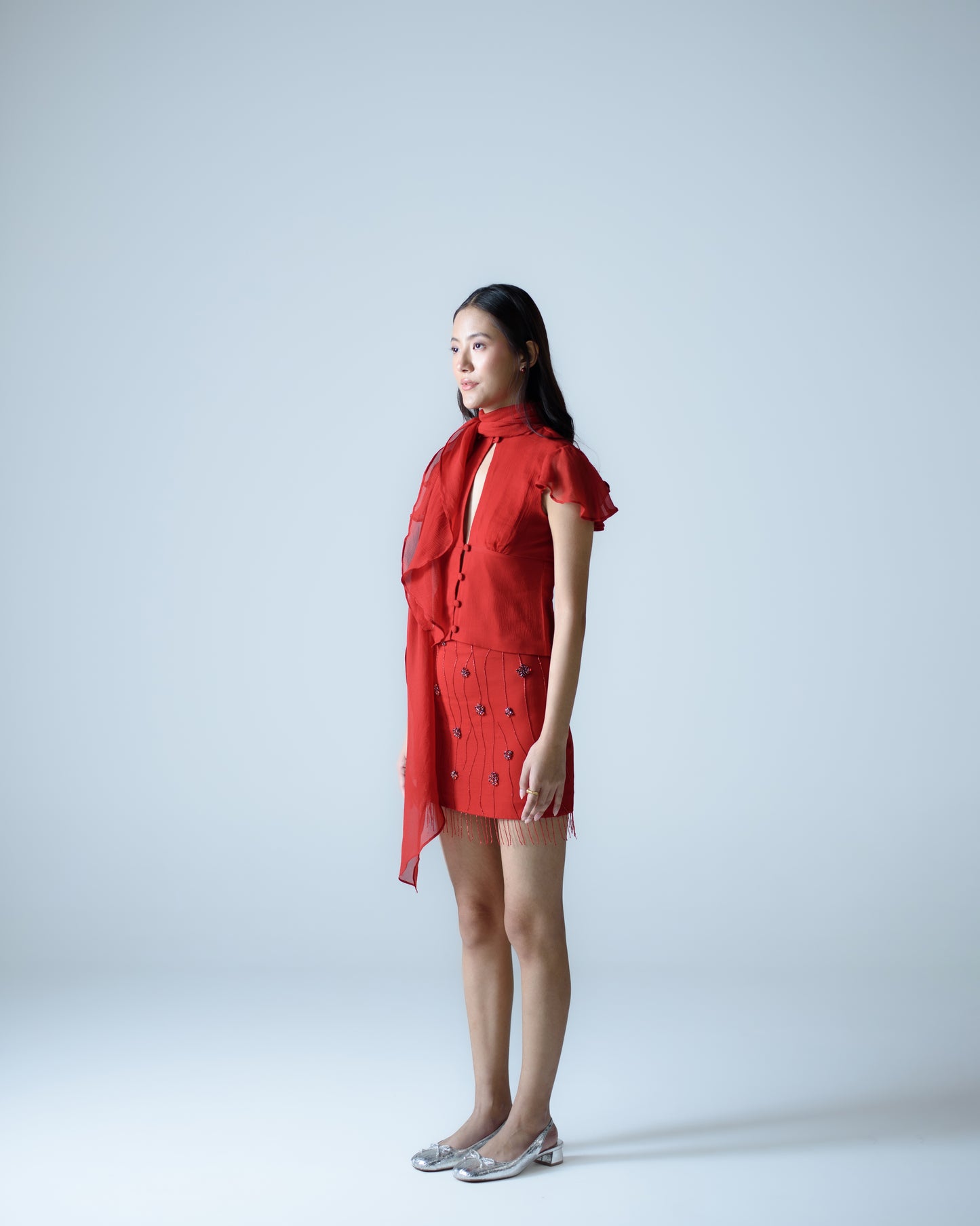Silk chiffon embellished mini skirt
