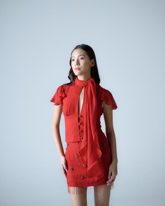 Silk chiffon embellished mini skirt