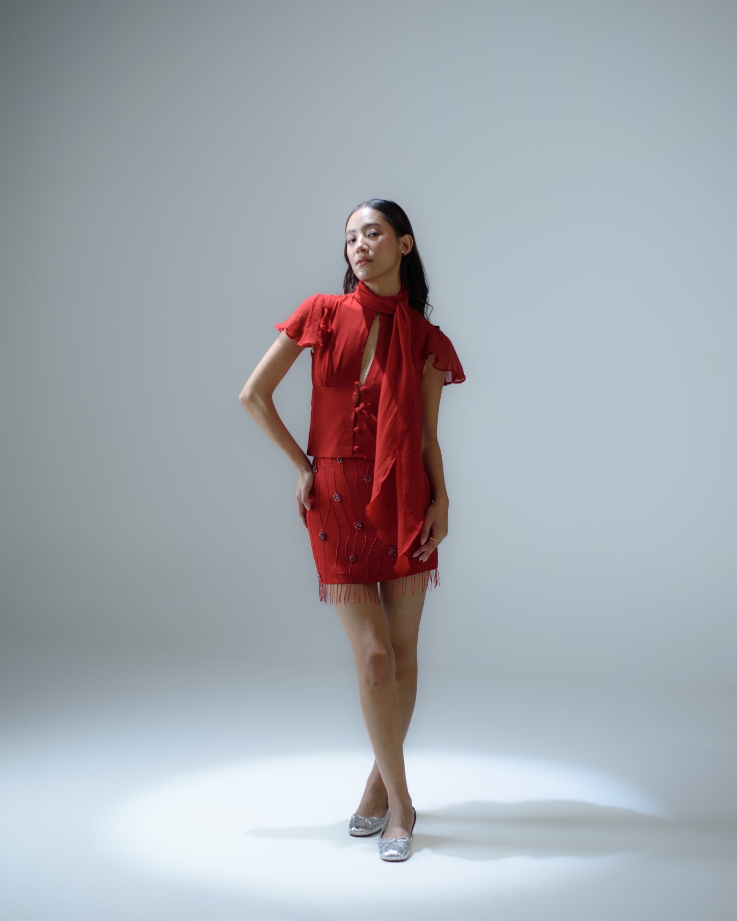 Silk chiffon top with scarf detail