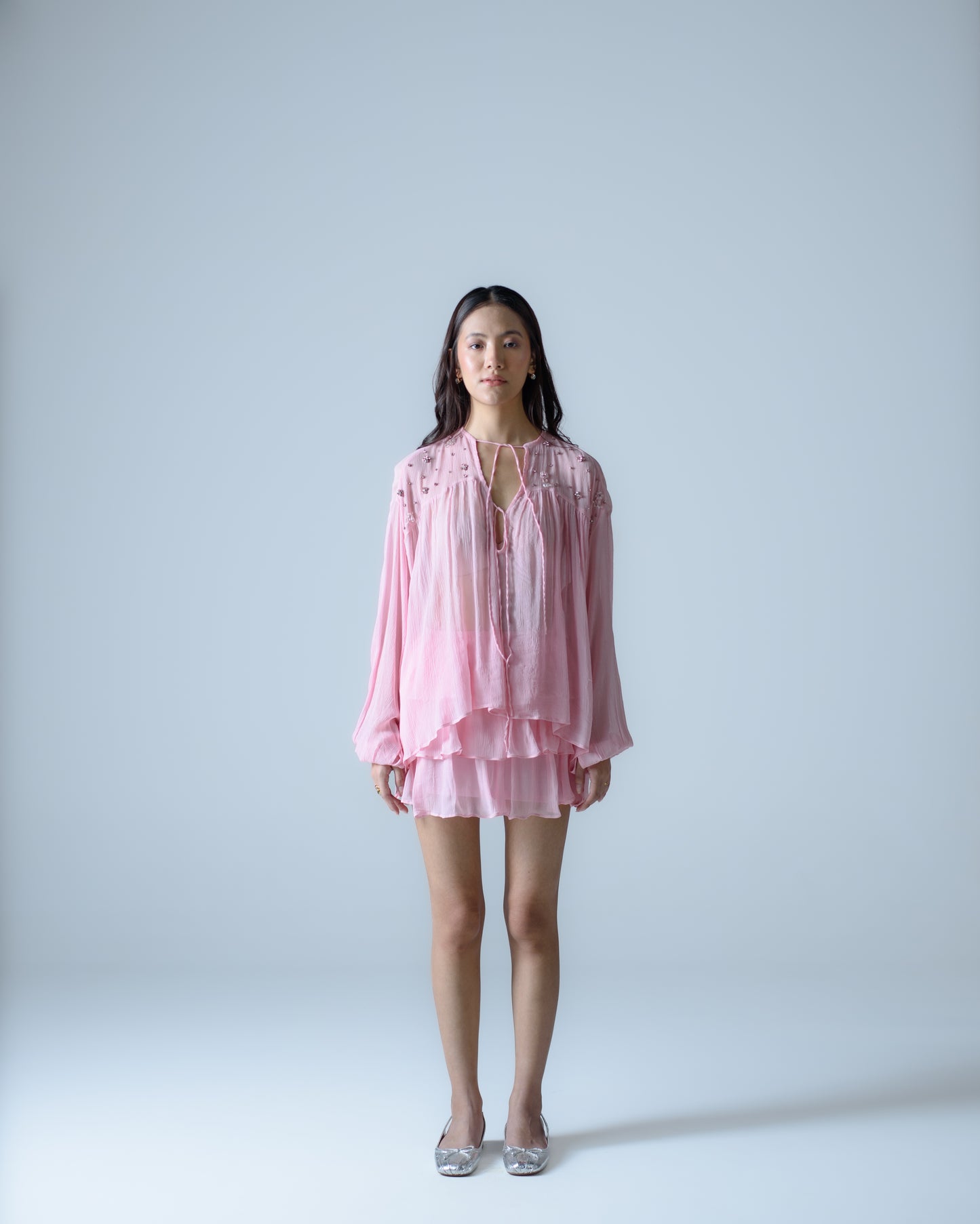 Silk chiffon embellished flowy blouse