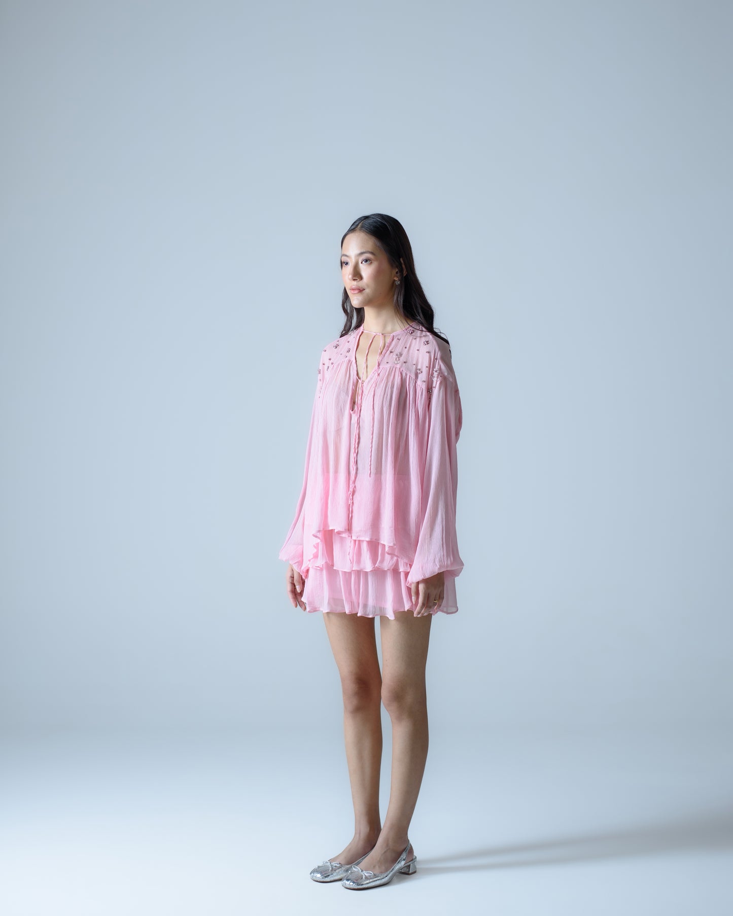 Silk chiffon embellished flowy blouse