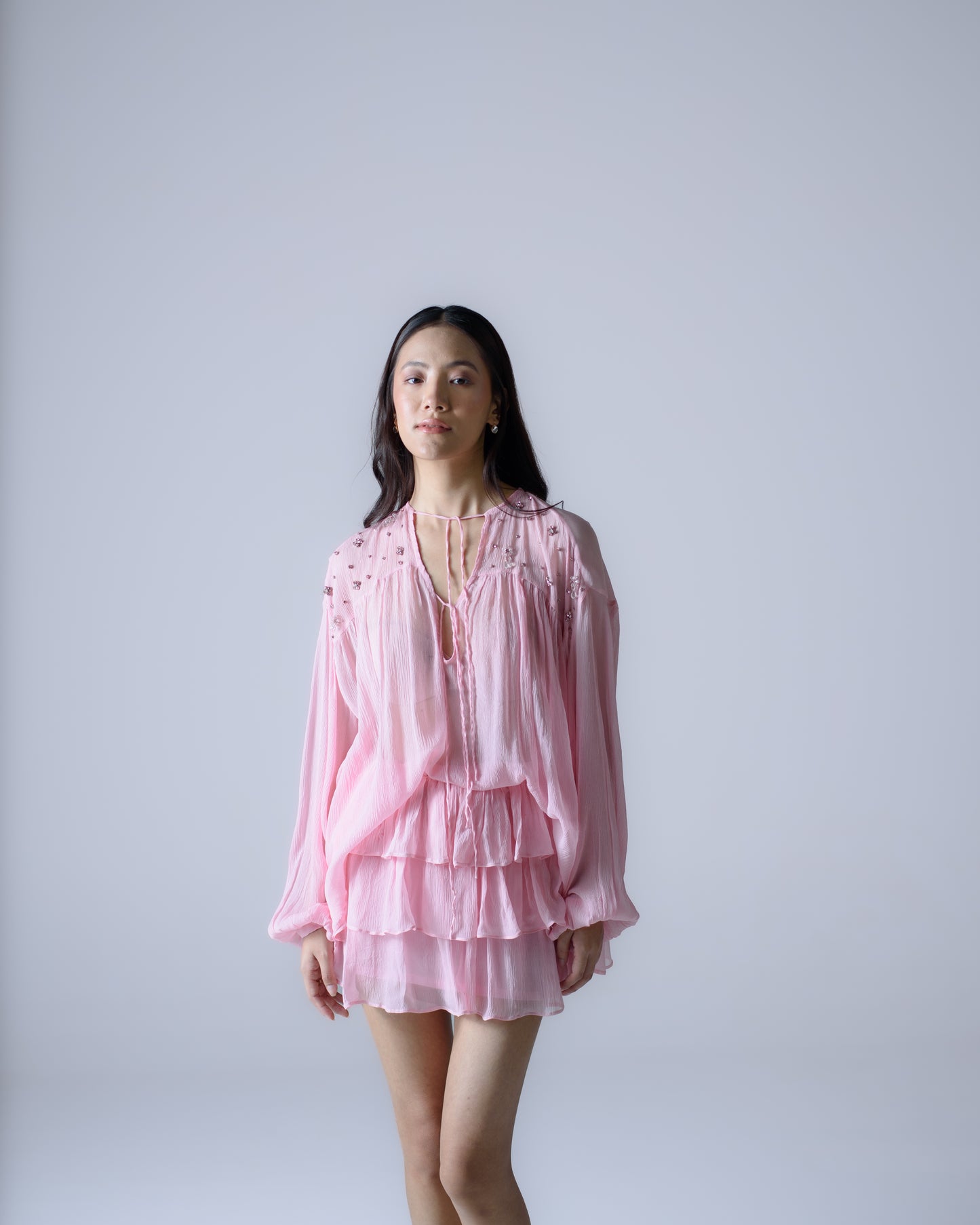 Silk chiffon embellished flowy blouse