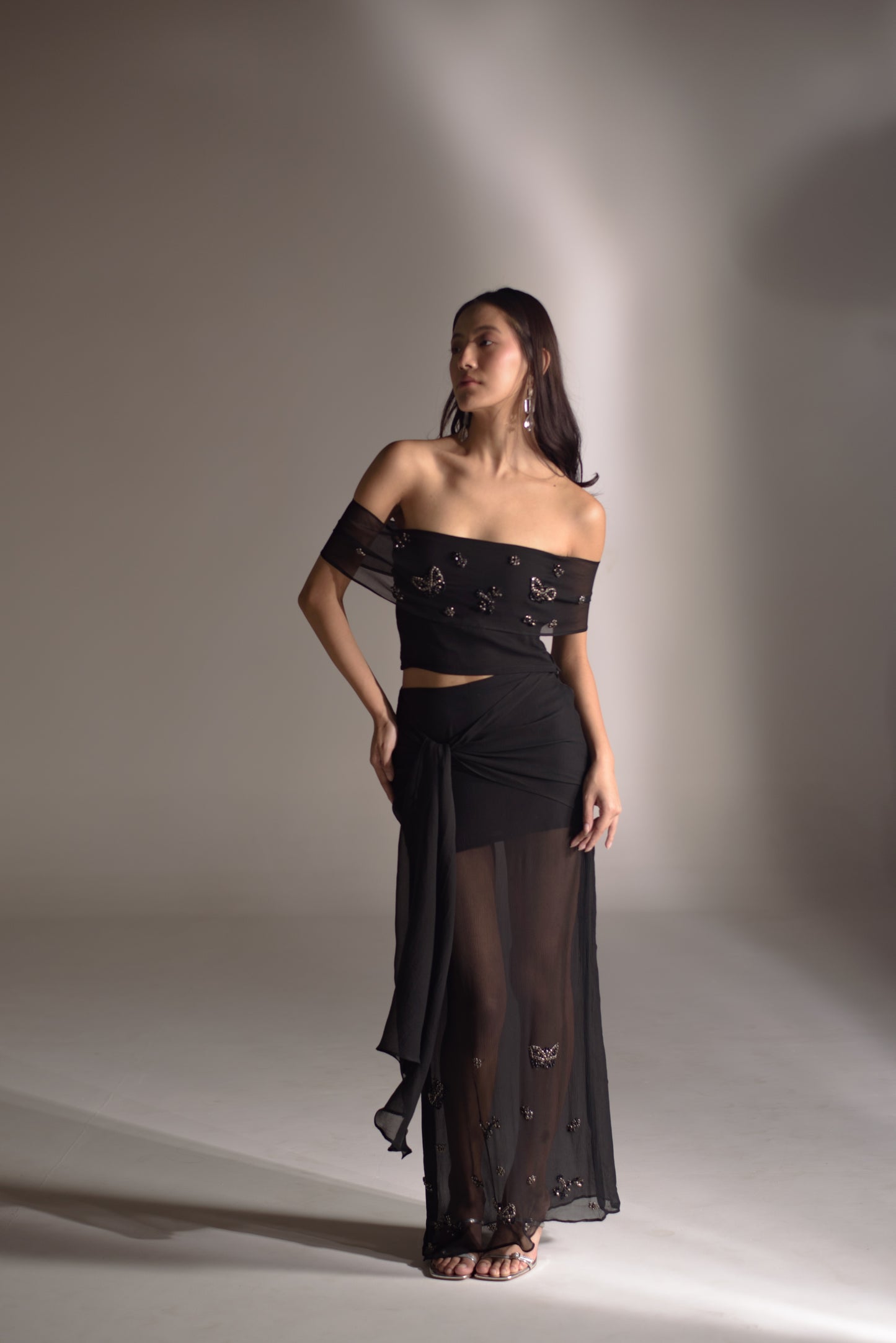 Silk chiffon embellished maxi skirt