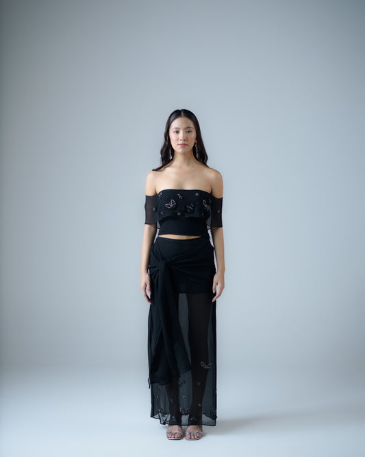 Silk chiffon embellished off-shoulder top