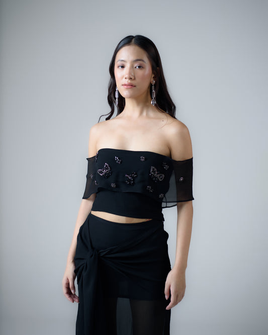 Silk chiffon embellished off-shoulder top