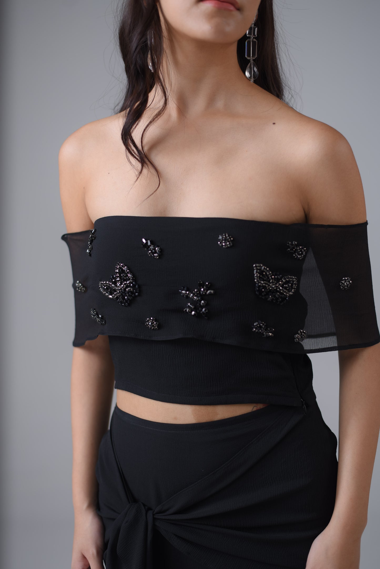 Silk chiffon embellished off-shoulder top
