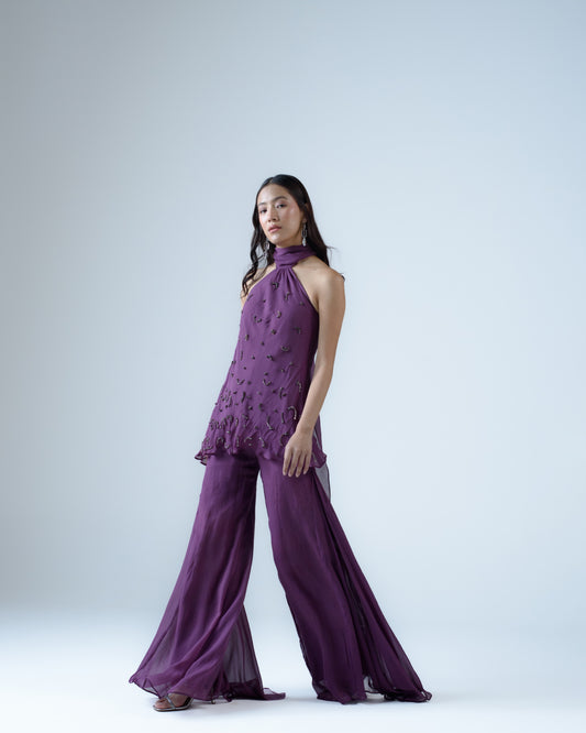 Silk chiffon high-waisted flared trousers