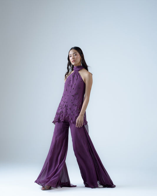 Silk chiffon high-waisted flared trousers