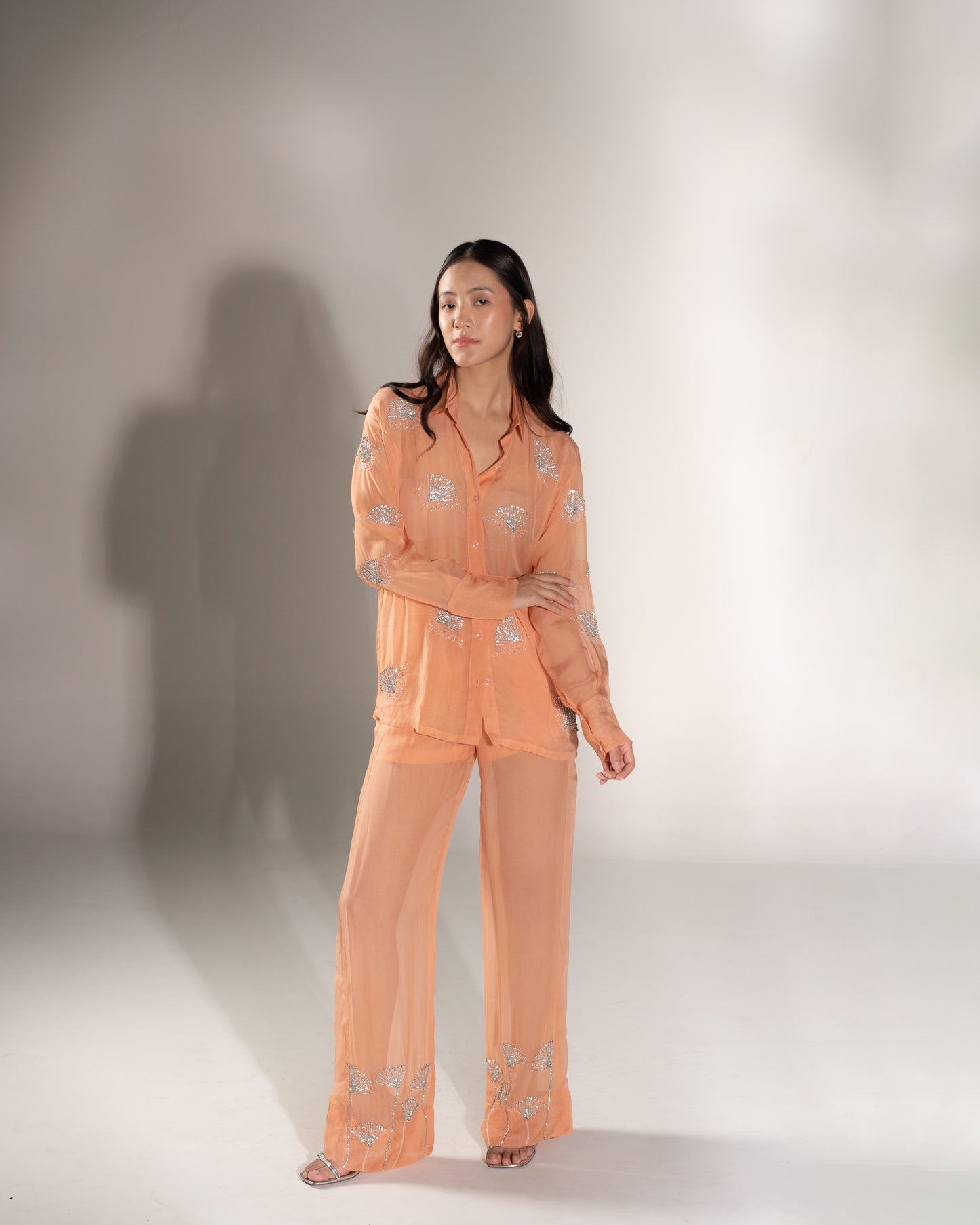 Hand-embellished organza trousers