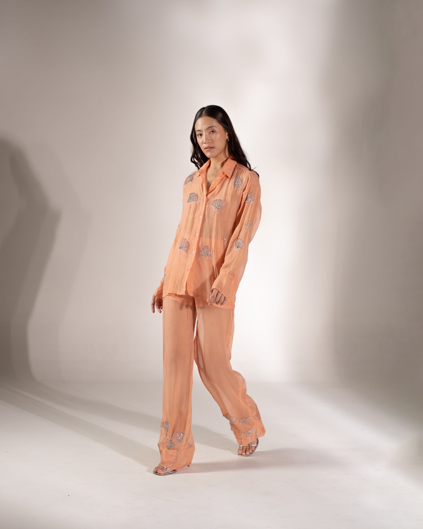 Hand-embellished organza trousers