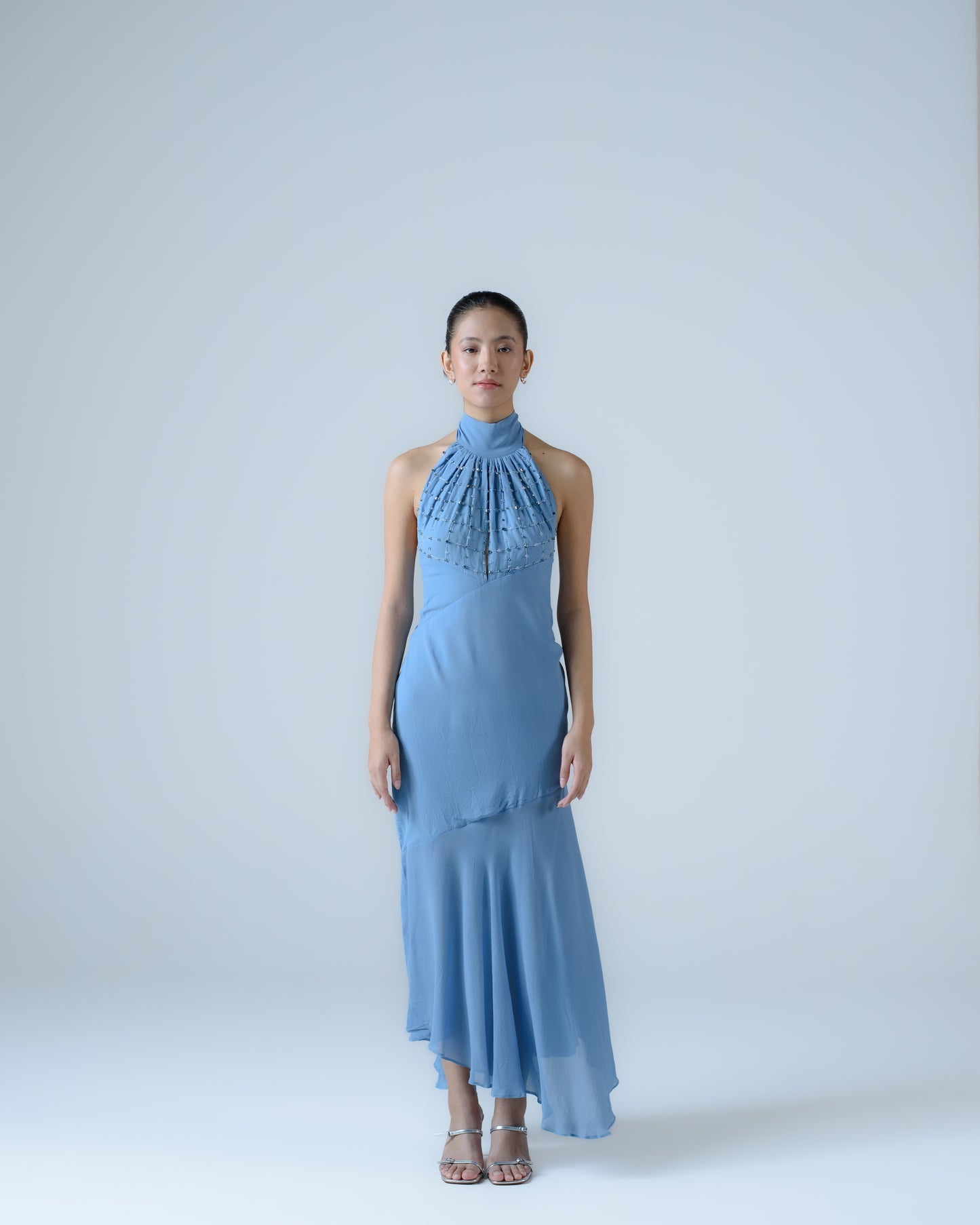 Silk georgette halter-neck midi dress