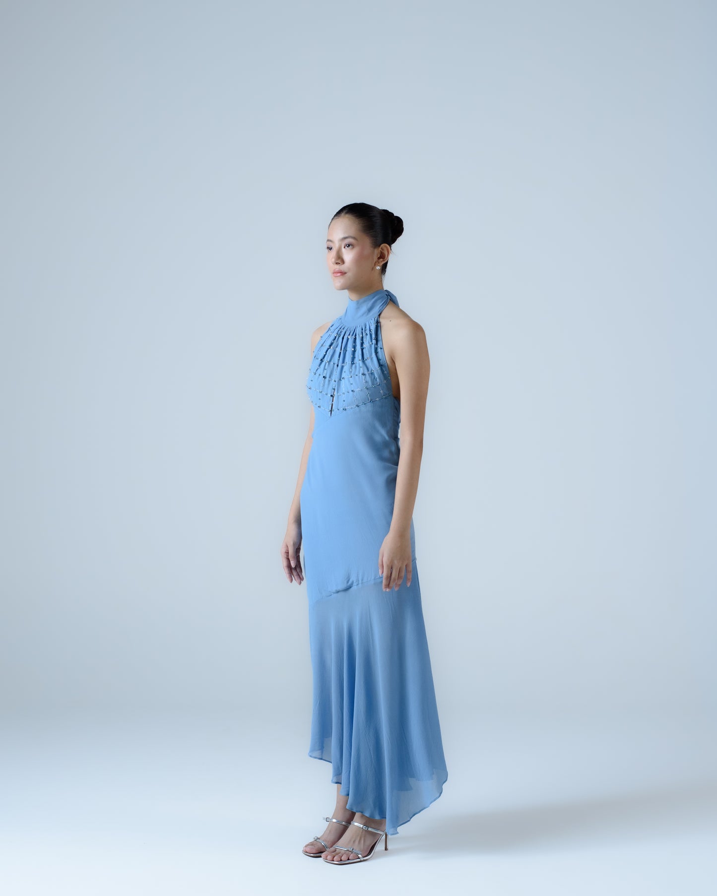 Silk georgette halter-neck midi dress