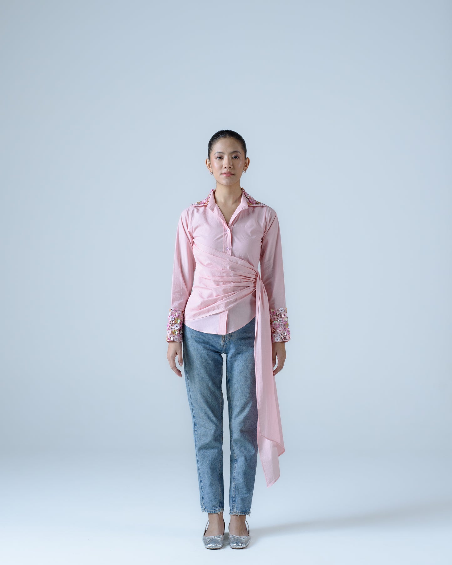 Hand-embellished draped shirt