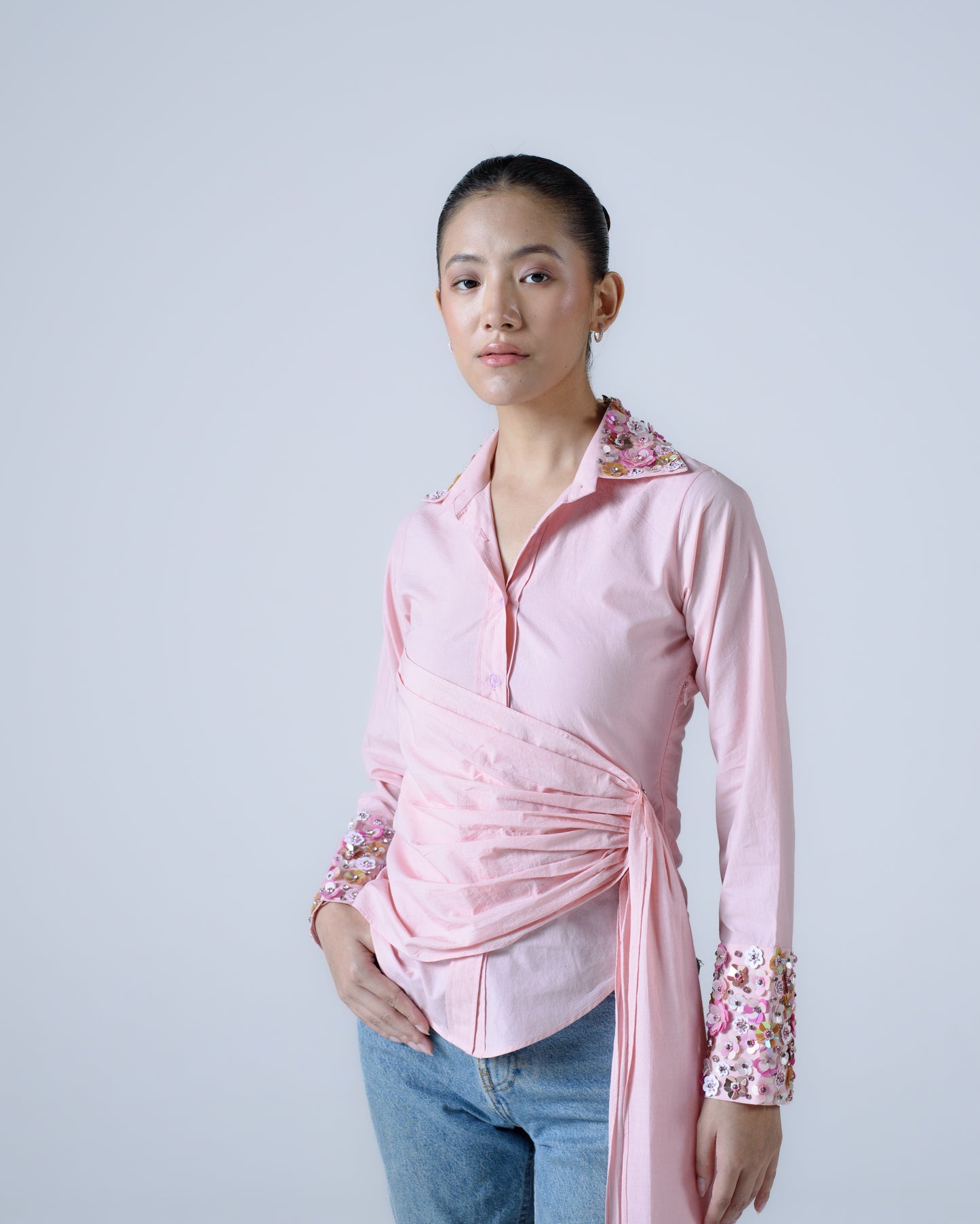 Hand-embellished draped shirt