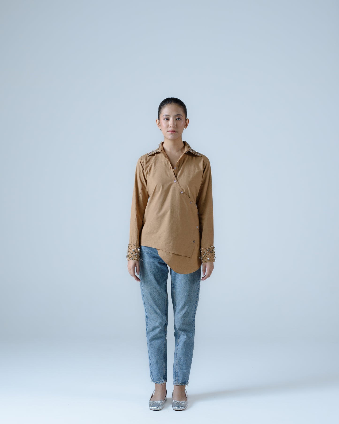 Hand-embellished poplin overlap shirt