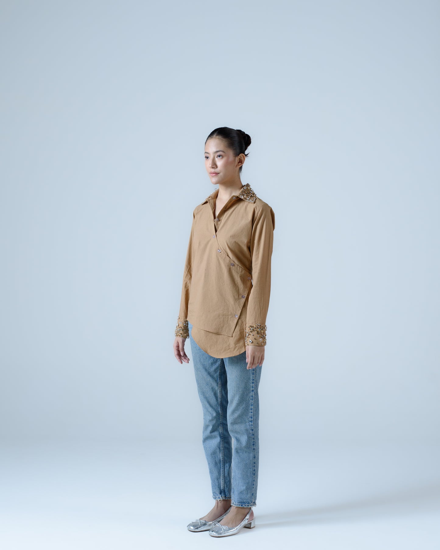 Hand-embellished poplin overlap shirt