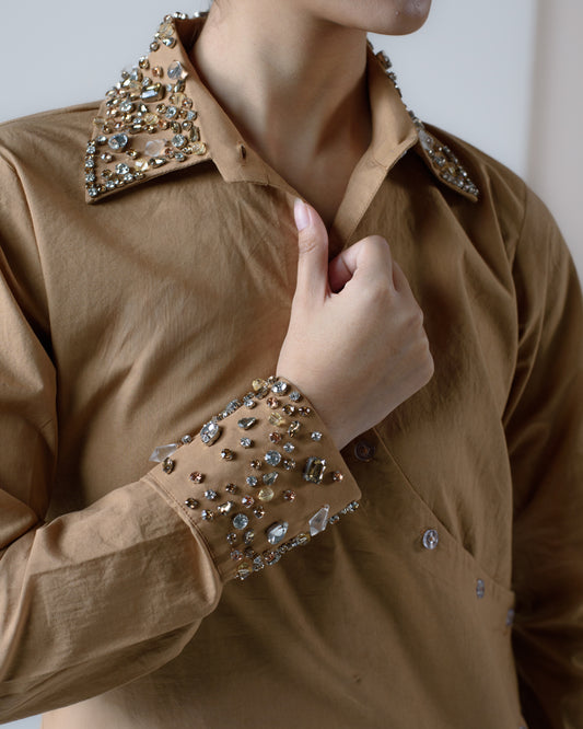 Hand-embellished poplin overlap shirt