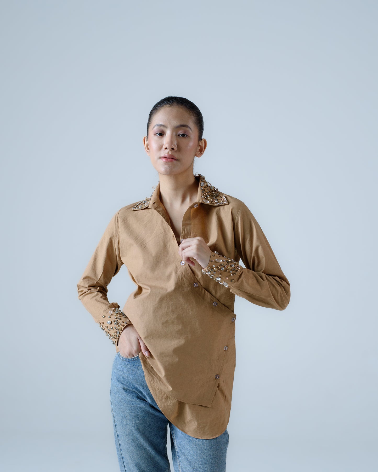Hand-embellished poplin overlap shirt