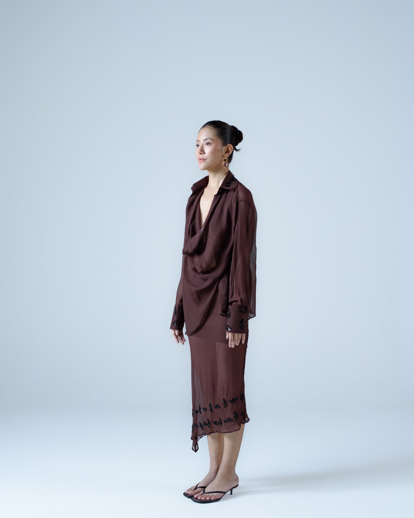 Silk chiffon embellished asymmetric shirt