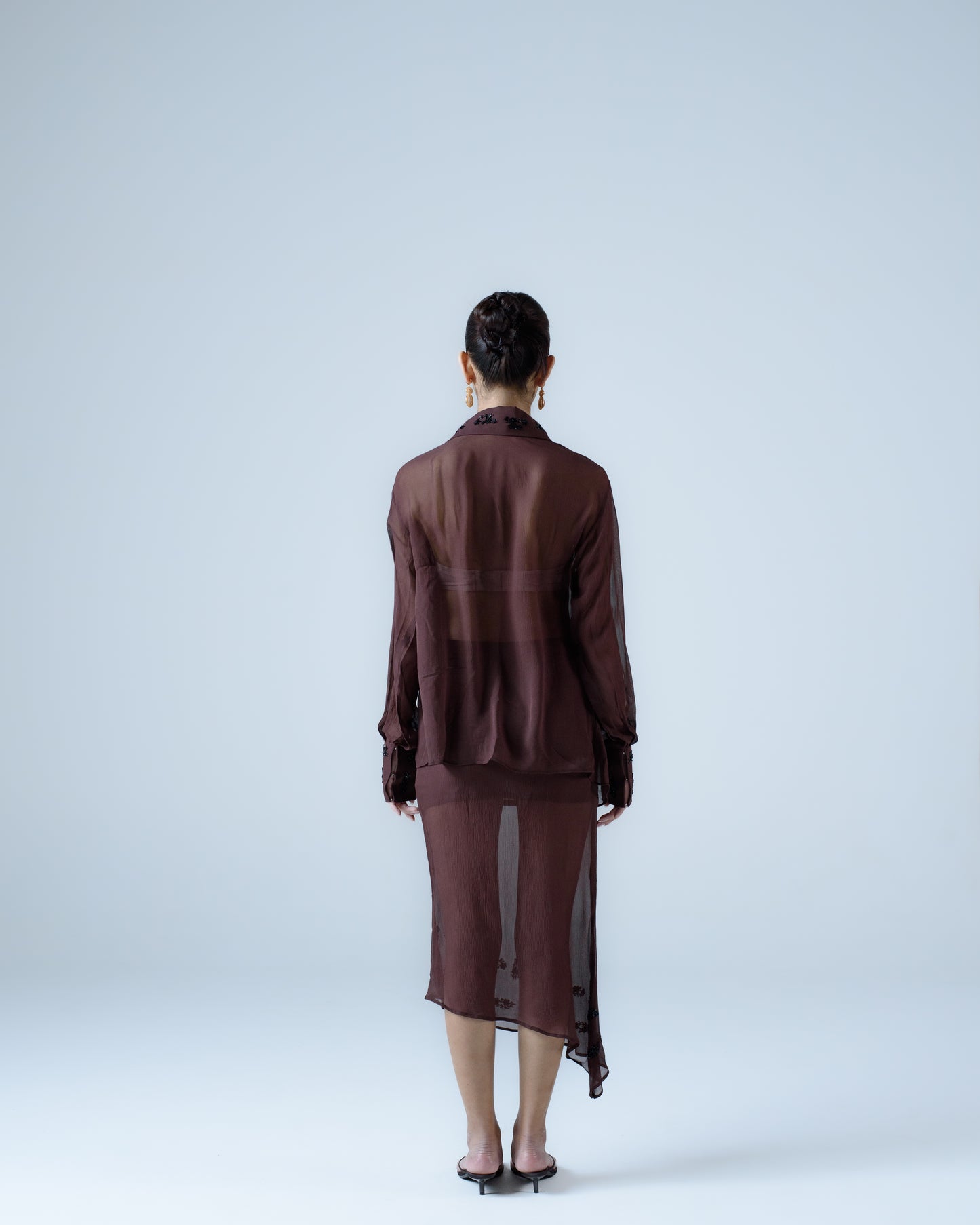 Silk chiffon embellished asymmetric shirt
