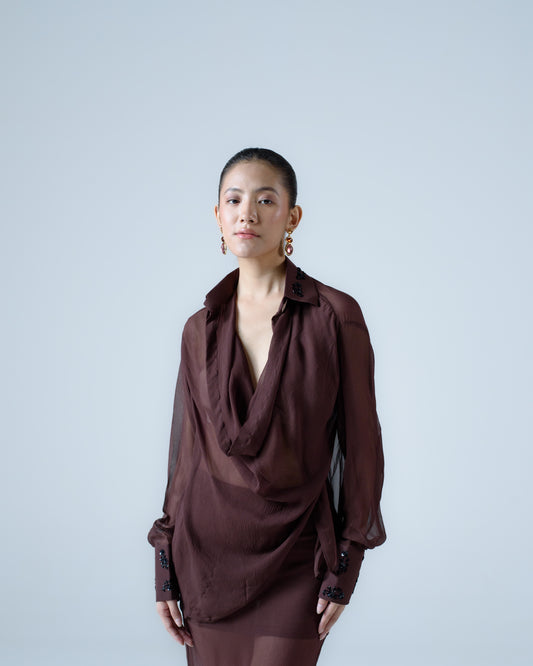 Silk chiffon embellished asymmetric shirt