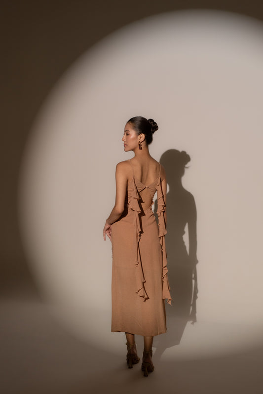 Silk georgette midi dress with ruffle detail