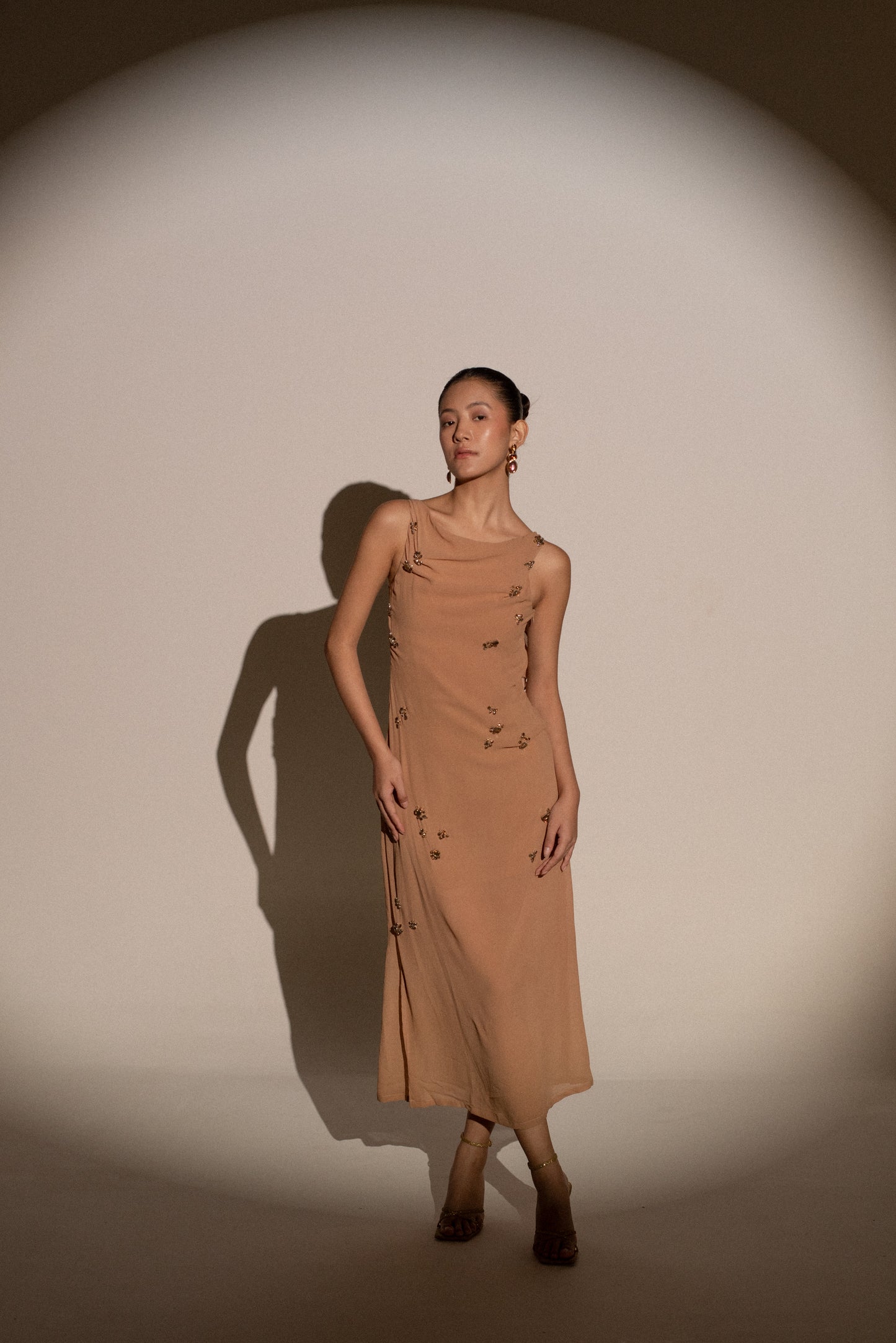 Silk georgette midi dress with ruffle detail