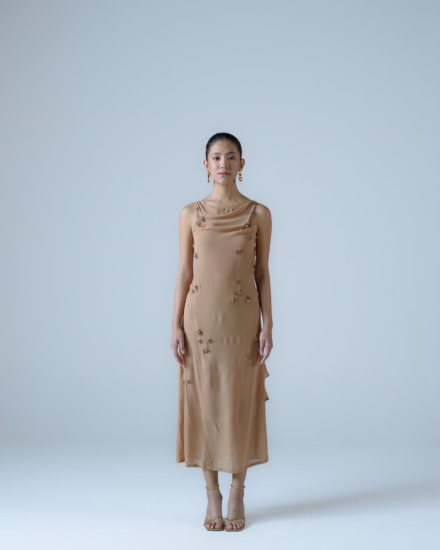 Silk georgette midi dress with ruffle detail