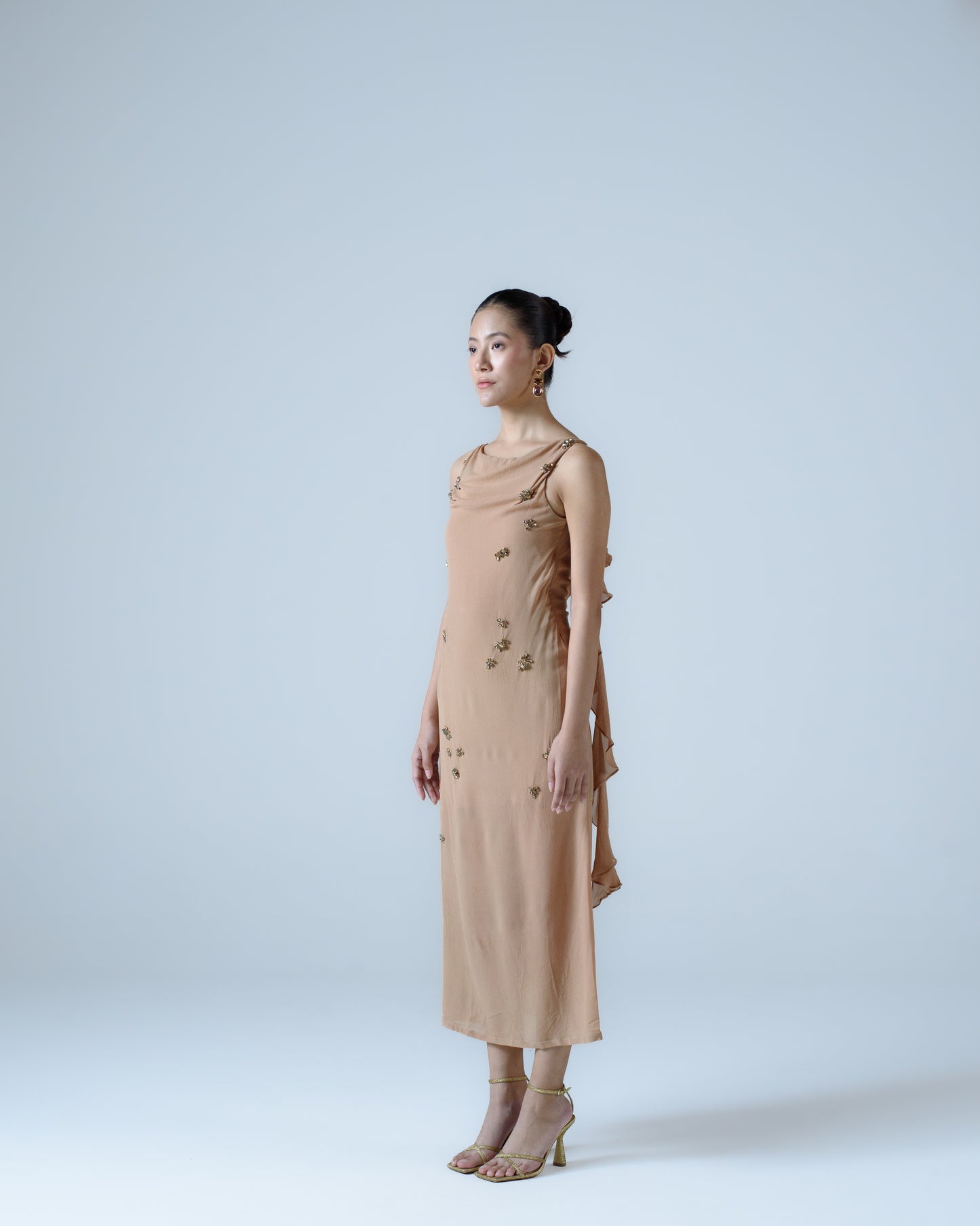 Silk georgette midi dress with ruffle detail