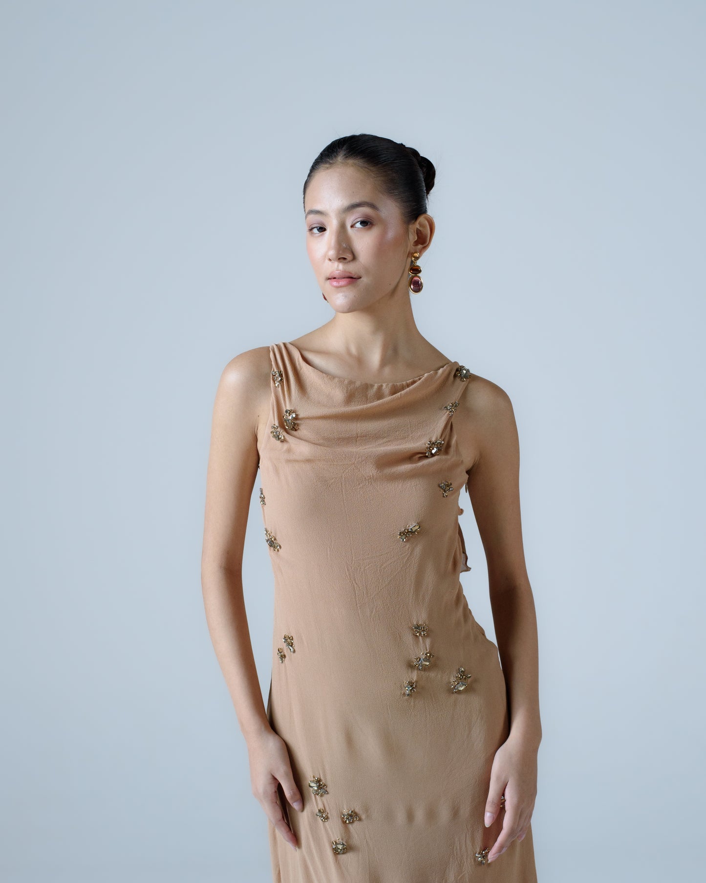 Silk georgette midi dress with ruffle detail