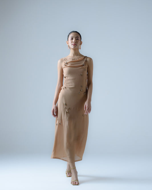 Silk georgette midi dress with ruffle detail