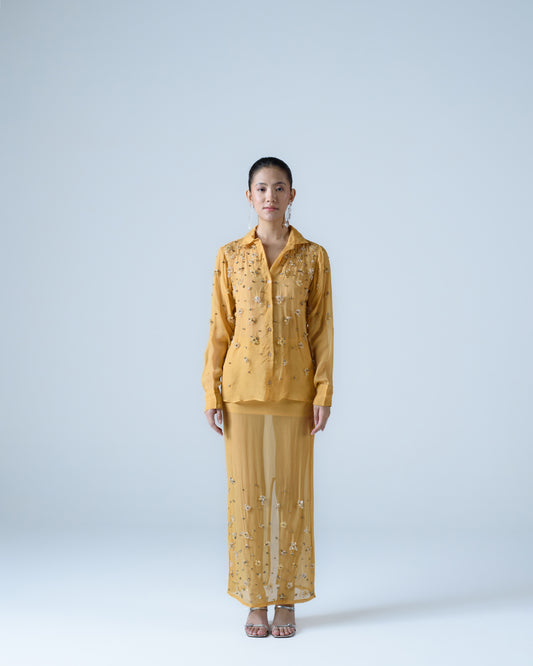 Hand-embellished organza shirt & maxi skirt co-ord